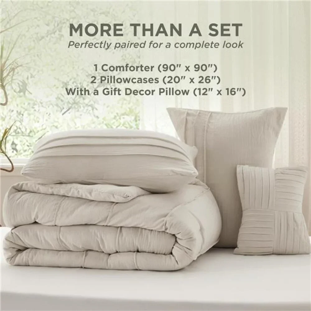 Queen Comforter Set - 4 Pieces Pinch Pleat Bed Set, Beige Boho Bedding